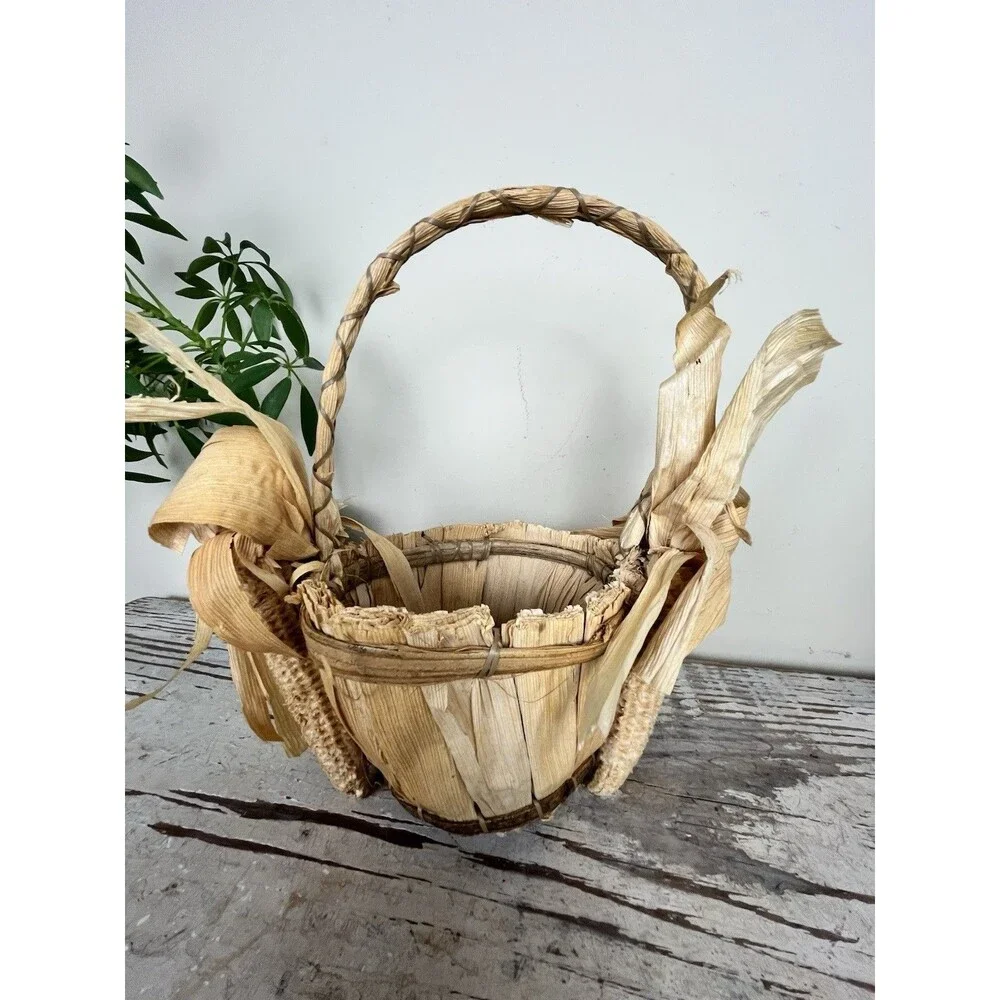 Vintage Rare Rustic Harvest Corn Husk Wicker Basket Primitive Country Decor